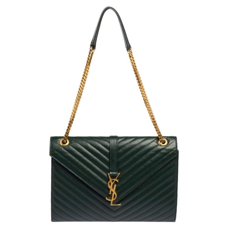 Pre Owned Saint Laurent Green Chevron Quilted Leather Monogram Envelope Shoulder Bag