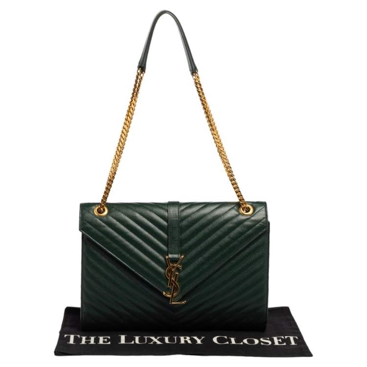 Pre Owned Saint Laurent Green Chevron Quilted Leather Monogram Envelope Shoulder Bag