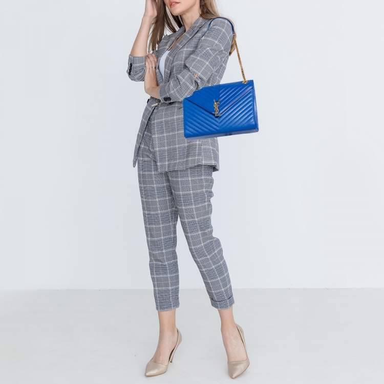 Pre Owned Saint Laurent Royal Blue Chevron Leather Monogram Envelope Shoulder Bag