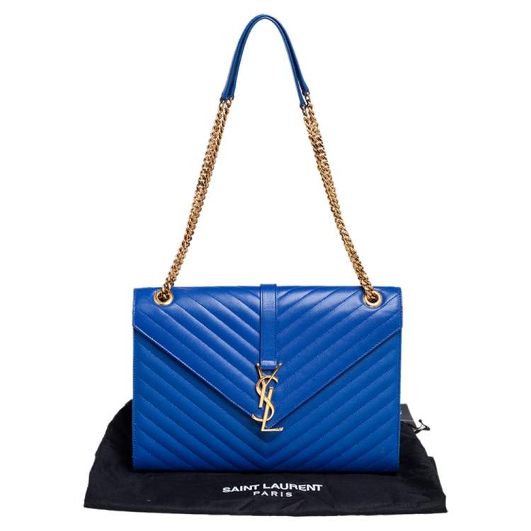 Pre Owned Saint Laurent Royal Blue Chevron Leather Monogram Envelope Shoulder Bag