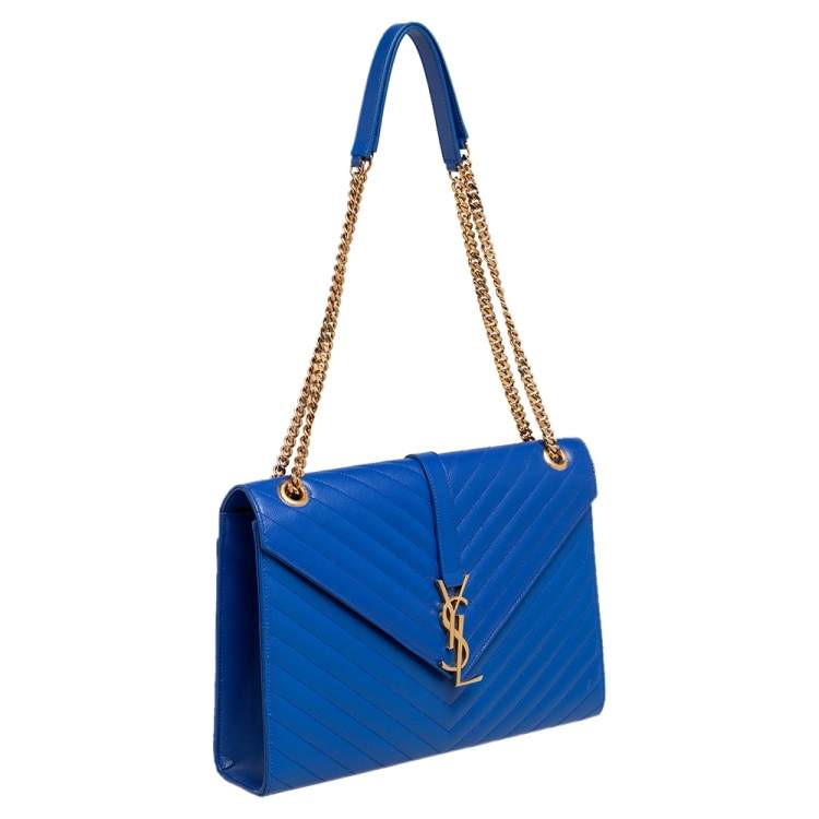 Pre Owned Saint Laurent Royal Blue Chevron Leather Monogram Envelope Shoulder Bag