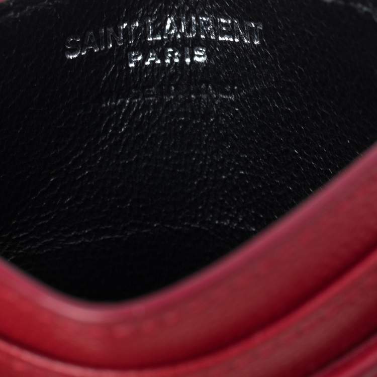 Pre Owned Saint Laurent Red Matelassé Leather Monogram Card Holder