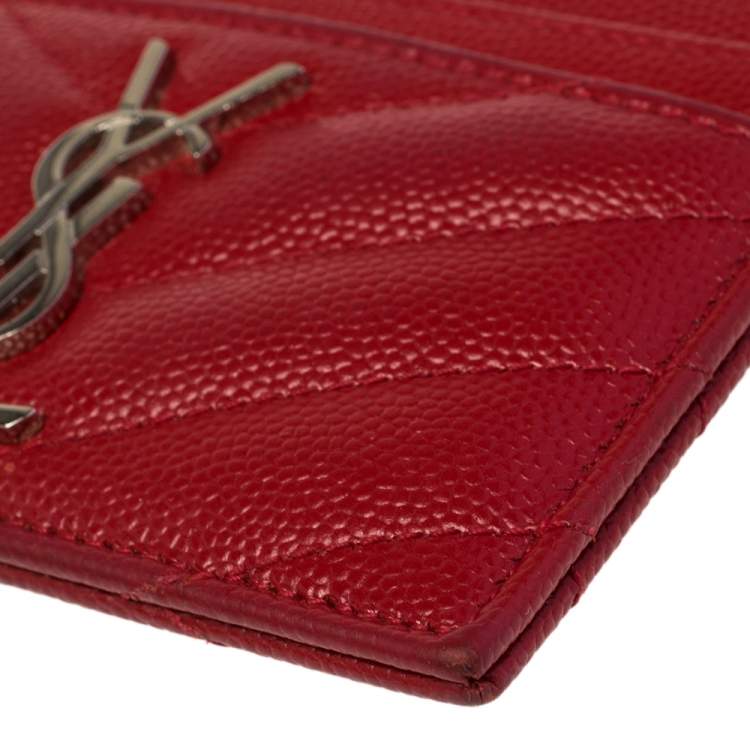 Pre Owned Saint Laurent Red Matelassé Leather Monogram Card Holder