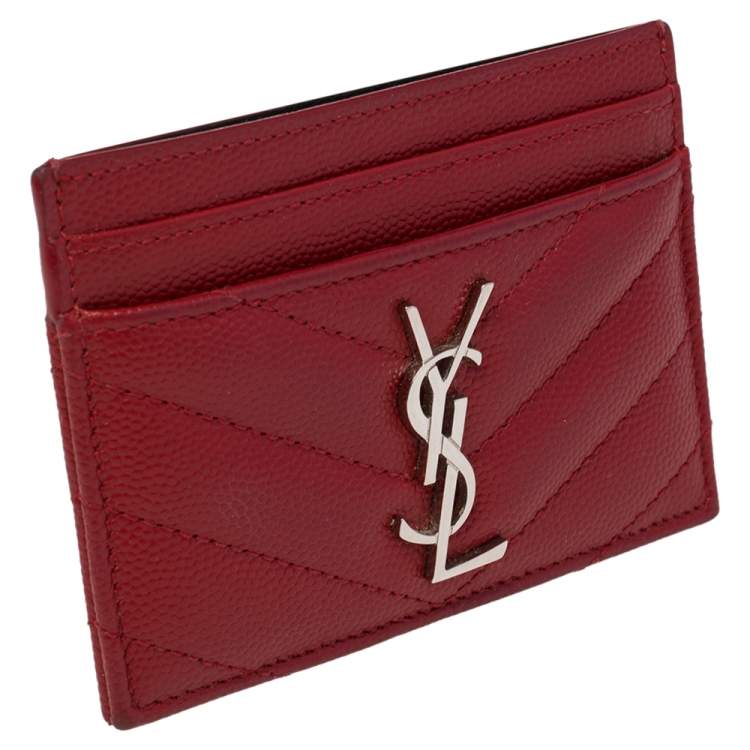 Pre Owned Saint Laurent Red Matelassé Leather Monogram Card Holder