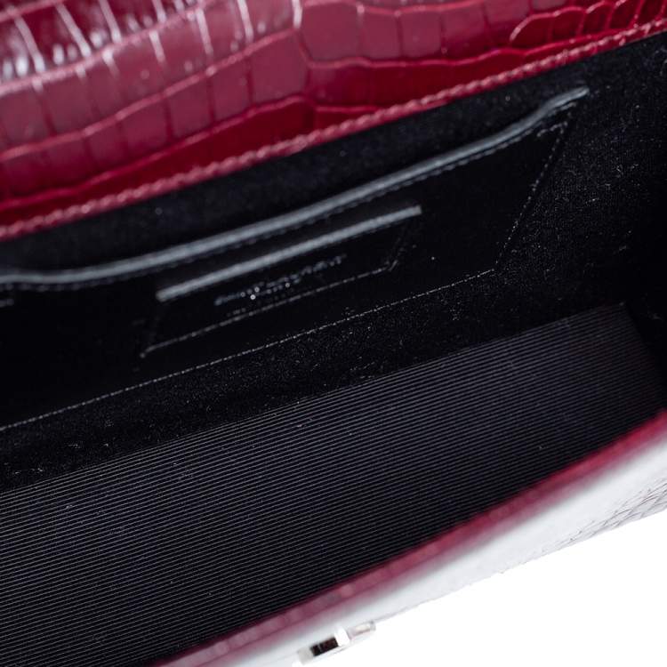 Pre Owned Saint Laurent Burgundy Croc Embossed Leather Medium Kate Tassel Shoulder Bag
