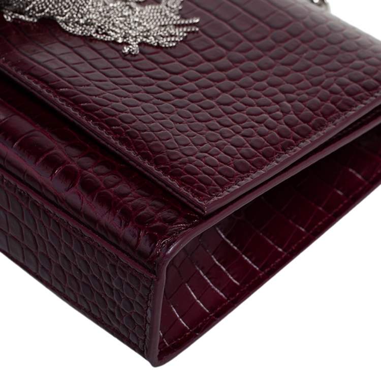 Pre Owned Saint Laurent Burgundy Croc Embossed Leather Medium Kate Tassel Shoulder Bag