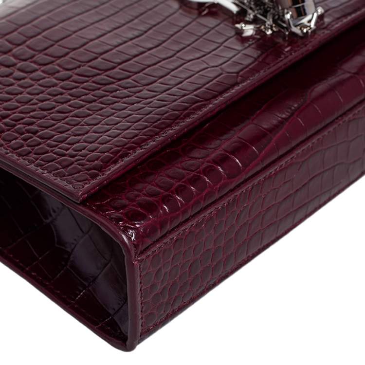 Pre Owned Saint Laurent Burgundy Croc Embossed Leather Medium Kate Tassel Shoulder Bag