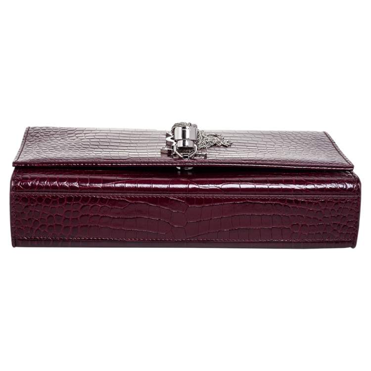 Pre Owned Saint Laurent Burgundy Croc Embossed Leather Medium Kate Tassel Shoulder Bag
