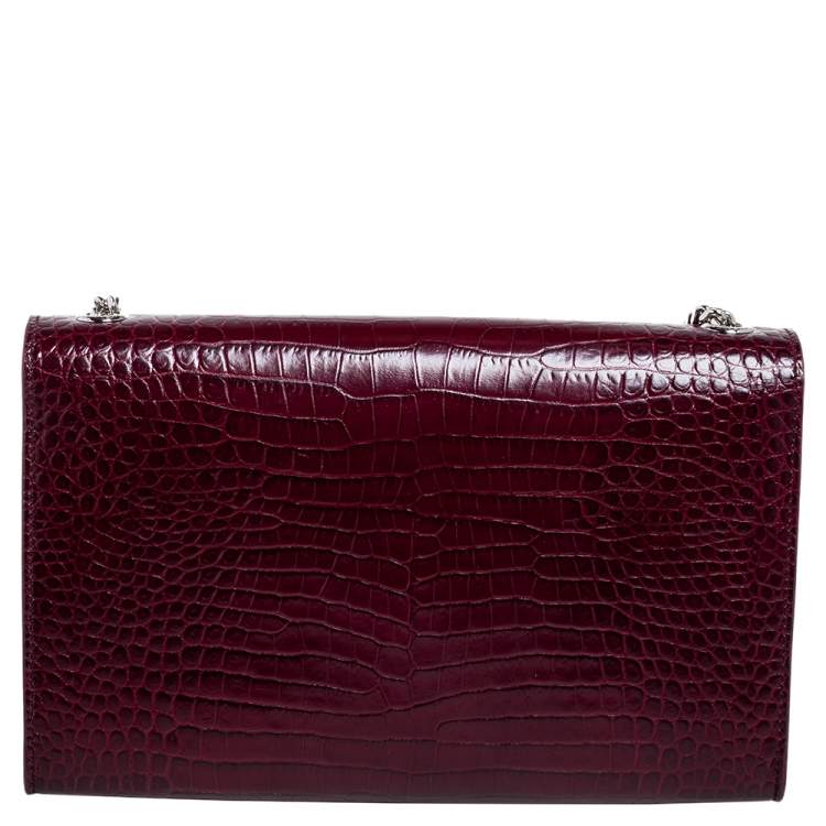Pre Owned Saint Laurent Burgundy Croc Embossed Leather Medium Kate Tassel Shoulder Bag