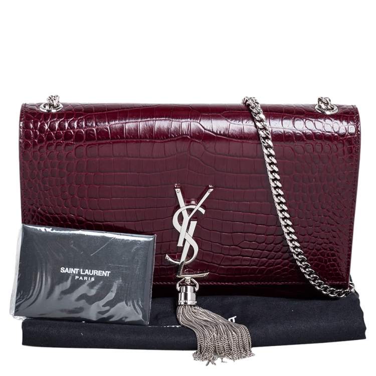 Pre Owned Saint Laurent Burgundy Croc Embossed Leather Medium Kate Tassel Shoulder Bag