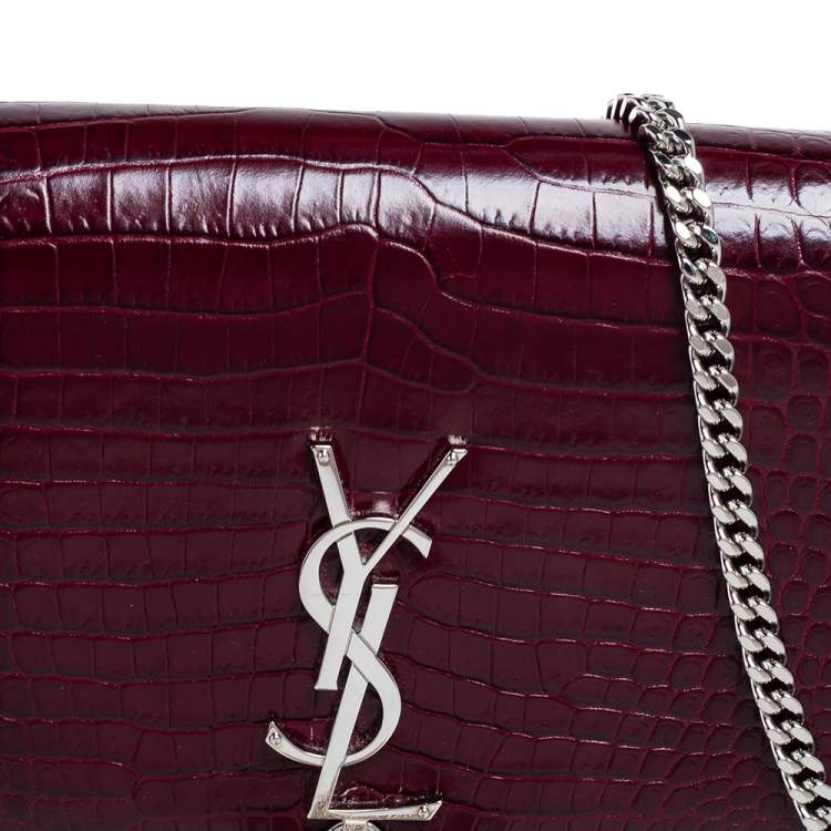 Pre Owned Saint Laurent Burgundy Croc Embossed Leather Medium Kate Tassel Shoulder Bag