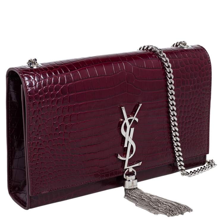 Pre Owned Saint Laurent Burgundy Croc Embossed Leather Medium Kate Tassel Shoulder Bag