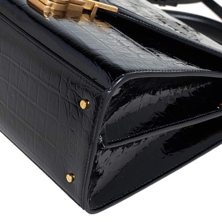 Pre Owned Saint Laurent Black Croc Embossed Patent Leather Medium Cassandra Top Handle Bag