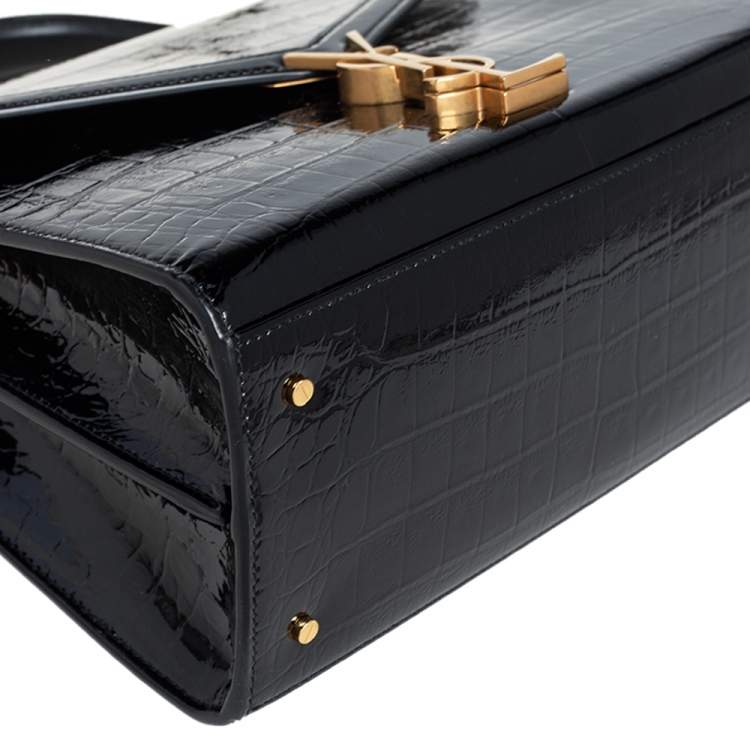 Pre Owned Saint Laurent Black Croc Embossed Patent Leather Medium Cassandra Top Handle Bag