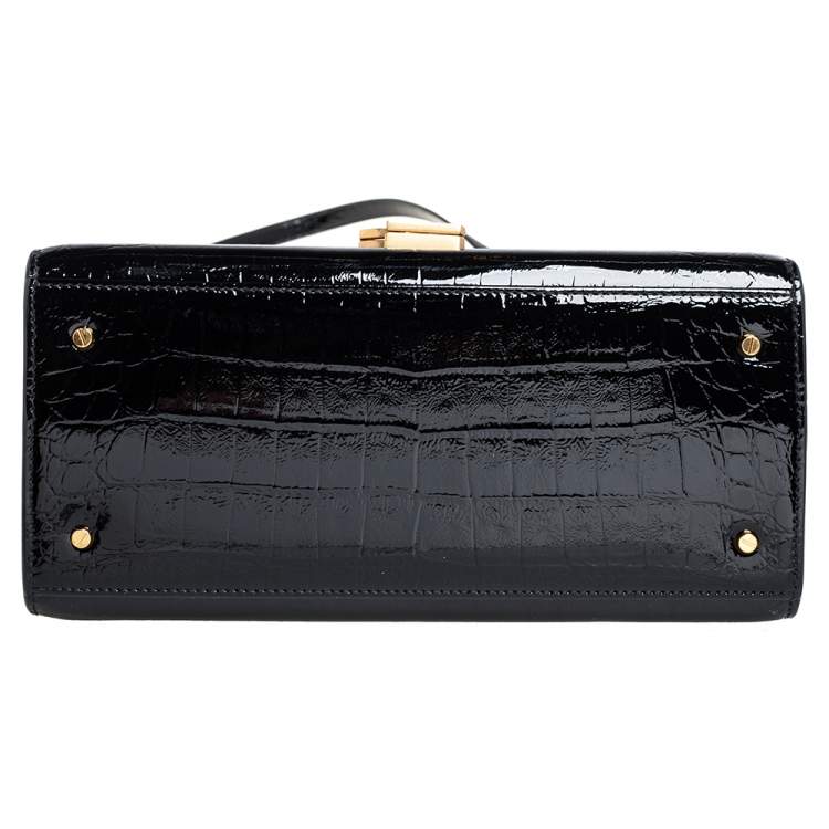 Pre Owned Saint Laurent Black Croc Embossed Patent Leather Medium Cassandra Top Handle Bag