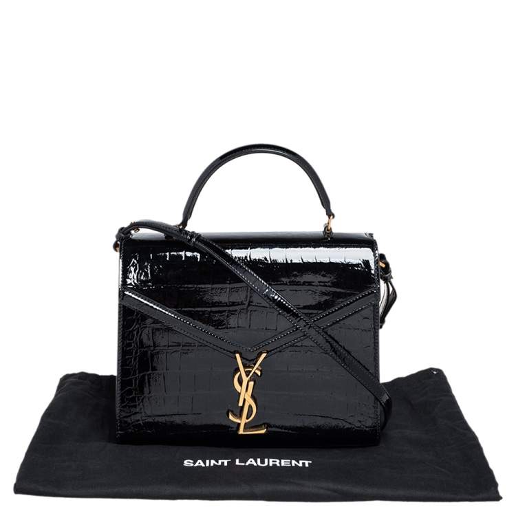 Pre Owned Saint Laurent Black Croc Embossed Patent Leather Medium Cassandra Top Handle Bag