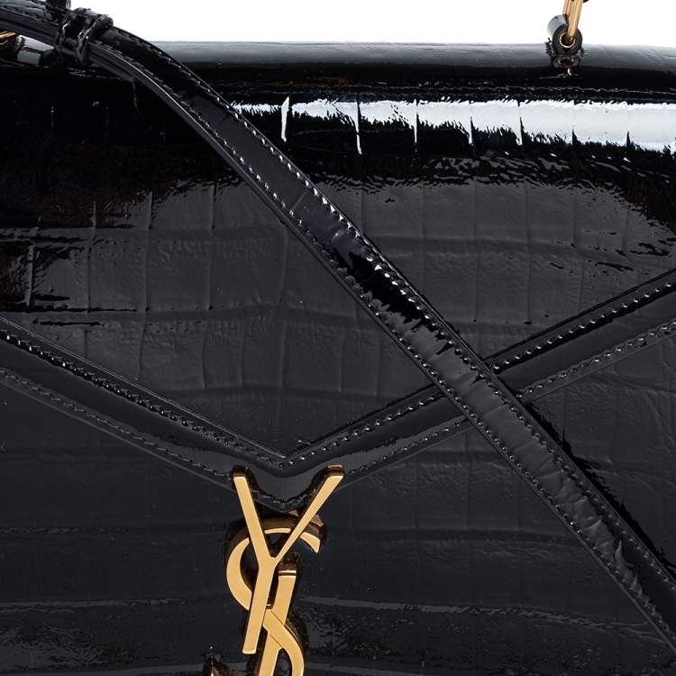 Pre Owned Saint Laurent Black Croc Embossed Patent Leather Medium Cassandra Top Handle Bag
