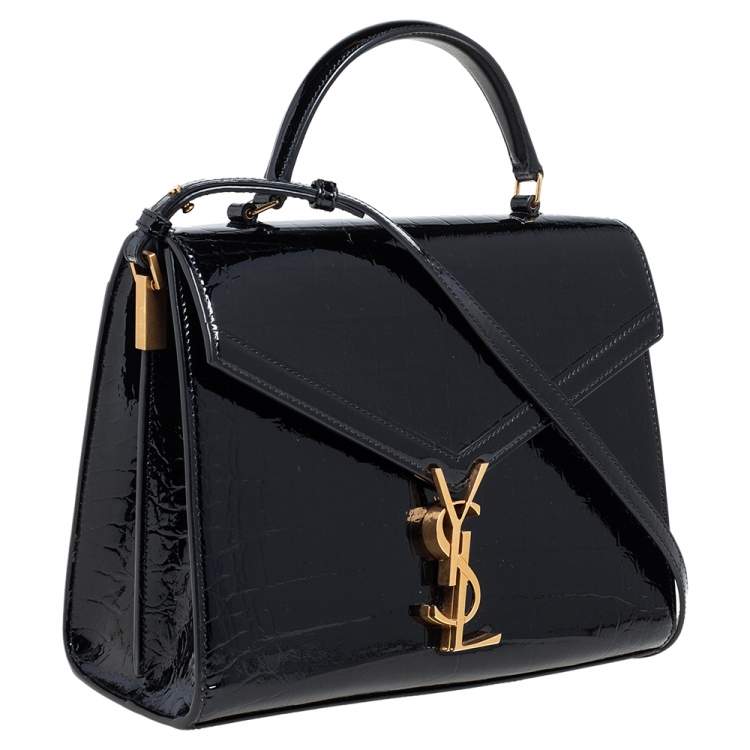 Pre Owned Saint Laurent Black Croc Embossed Patent Leather Medium Cassandra Top Handle Bag