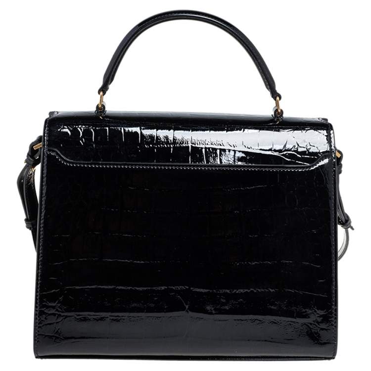 Pre Owned Saint Laurent Black Croc Embossed Patent Leather Medium Cassandra Top Handle Bag