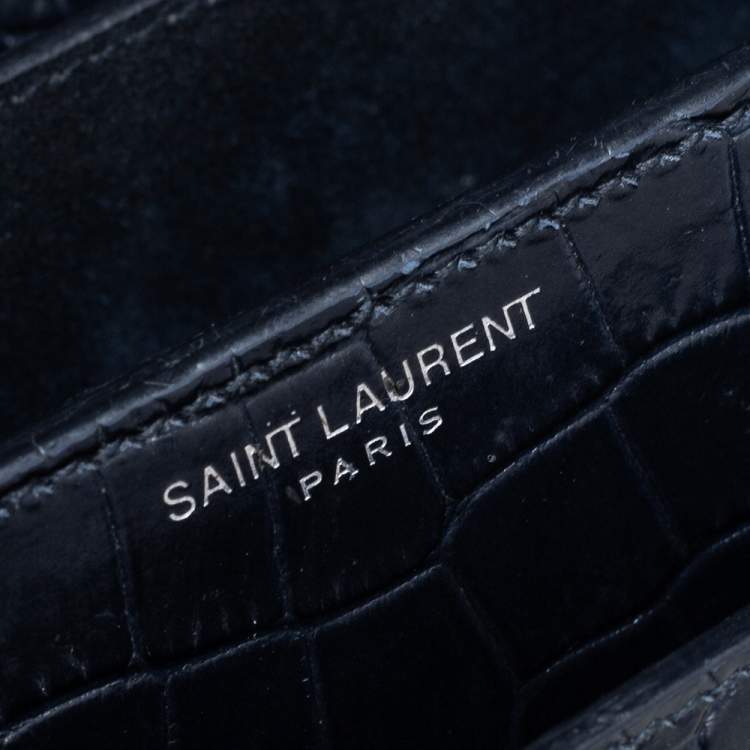 Pre Owned Saint Laurent Navy Blue Croc Embossed Leather Medium Sunset Shoulder Bag