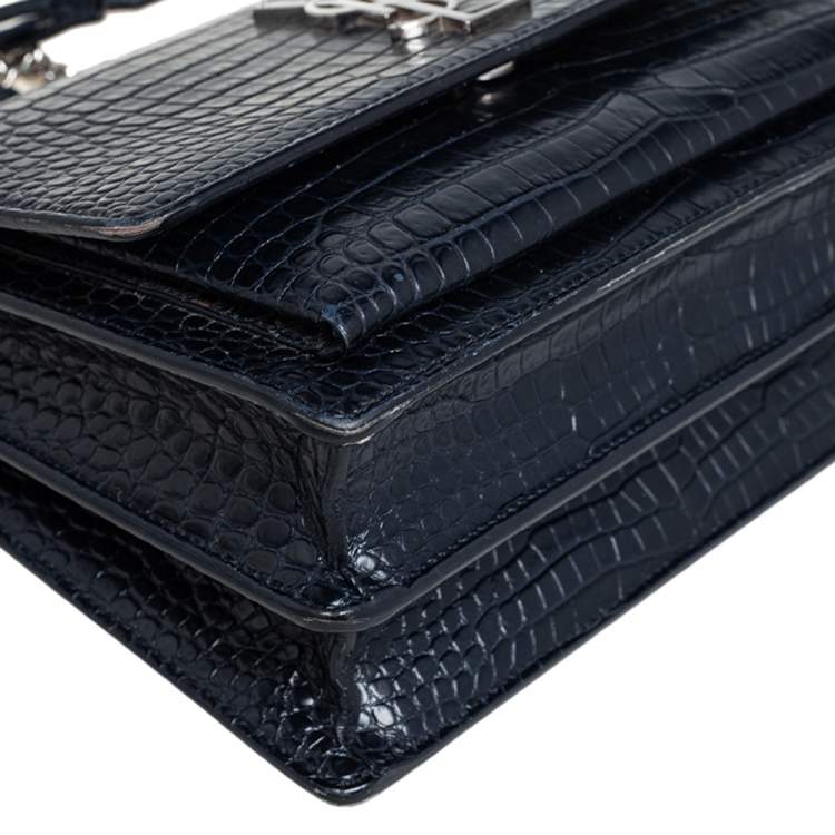 Pre Owned Saint Laurent Navy Blue Croc Embossed Leather Medium Sunset Shoulder Bag