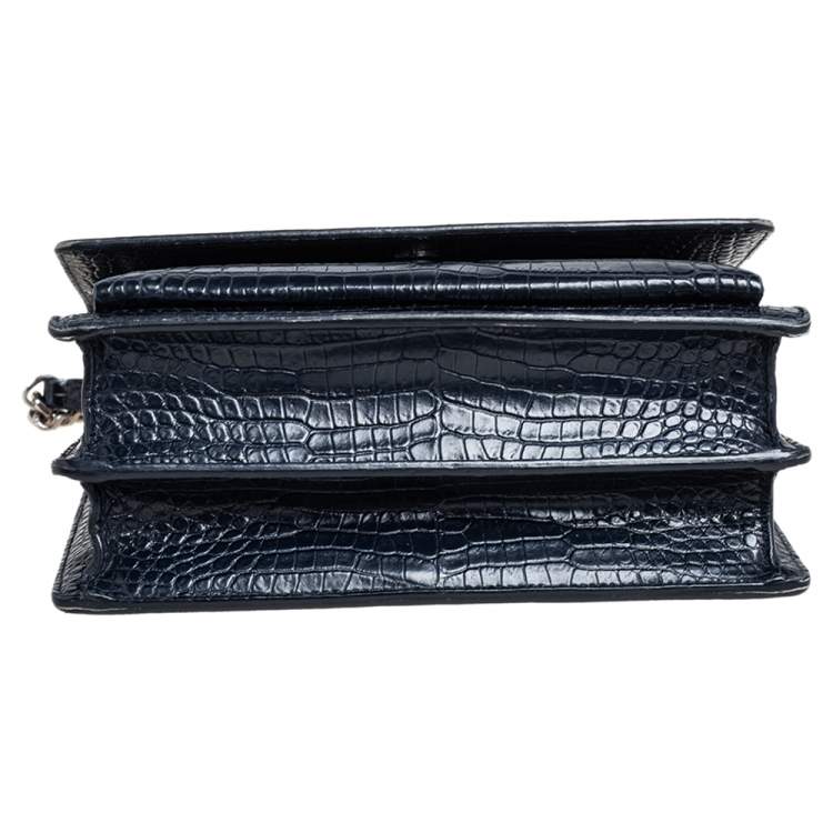 Pre Owned Saint Laurent Navy Blue Croc Embossed Leather Medium Sunset Shoulder Bag