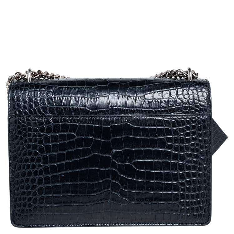 Pre Owned Saint Laurent Navy Blue Croc Embossed Leather Medium Sunset Shoulder Bag
