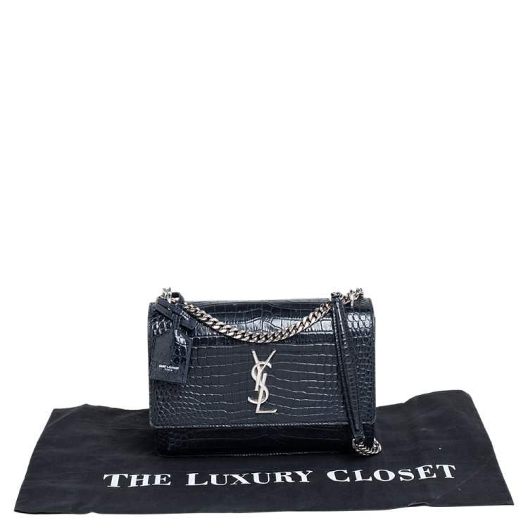 Pre Owned Saint Laurent Navy Blue Croc Embossed Leather Medium Sunset Shoulder Bag