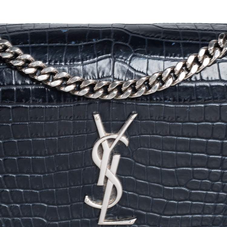 Pre Owned Saint Laurent Navy Blue Croc Embossed Leather Medium Sunset Shoulder Bag