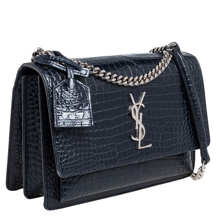Pre Owned Saint Laurent Navy Blue Croc Embossed Leather Medium Sunset Shoulder Bag