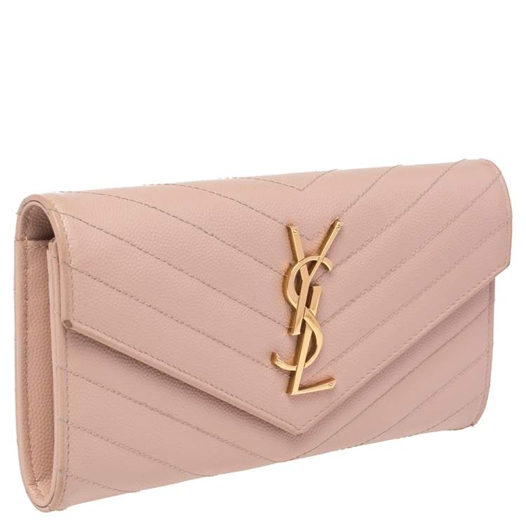 Pre Owned Saint Laurent Beige Matelassé Leather Monogram Envelope Wallet