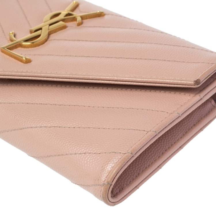 Pre Owned Saint Laurent Beige Matelassé Leather Monogram Envelope Wallet