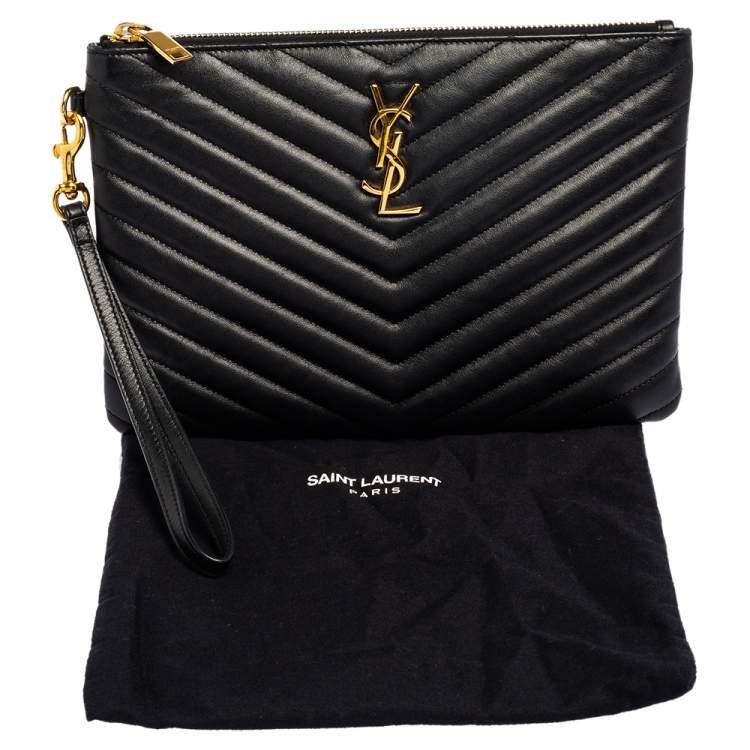 Pre Owned Saint Laurent Black Matelassé Leather Monogram Wristlet Clutch 