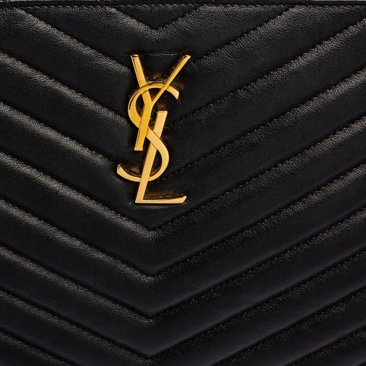 Pre Owned Saint Laurent Black Matelassé Leather Monogram Wristlet Clutch 