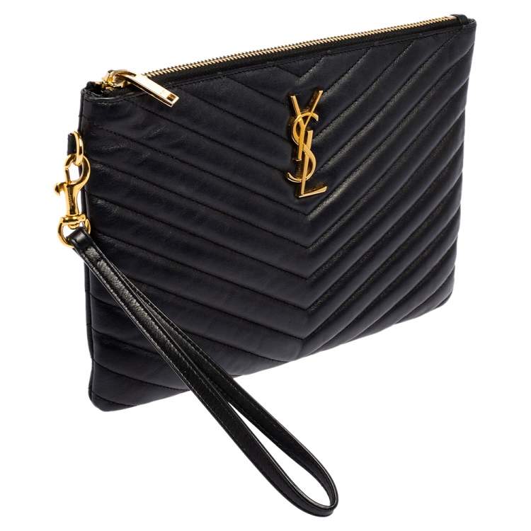 Pre Owned Saint Laurent Black Matelassé Leather Monogram Wristlet Clutch 