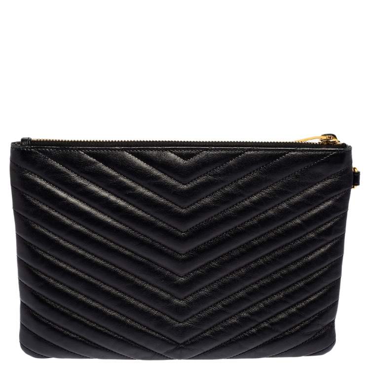 Pre Owned Saint Laurent Black Matelassé Leather Monogram Wristlet Clutch 