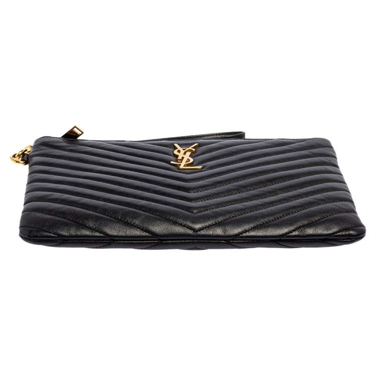 Pre Owned Saint Laurent Black Matelassé Leather Monogram Wristlet Clutch 