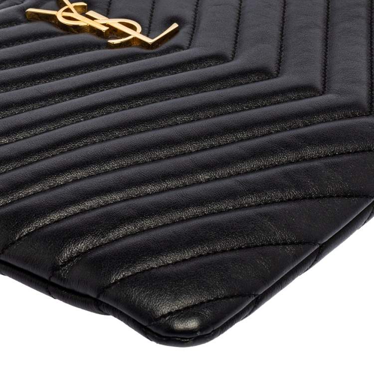 Pre Owned Saint Laurent Black Matelassé Leather Monogram Wristlet Clutch 