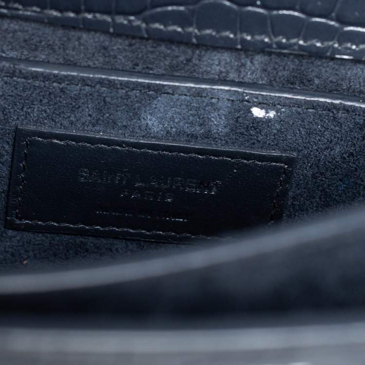 Pre Owned Saint Laurent Dark Grey Croc Embossed Leather Medium Sunset Shoulder Bag