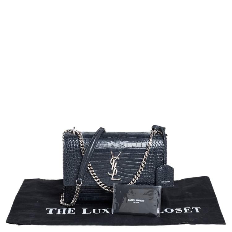 Pre Owned Saint Laurent Dark Grey Croc Embossed Leather Medium Sunset Shoulder Bag