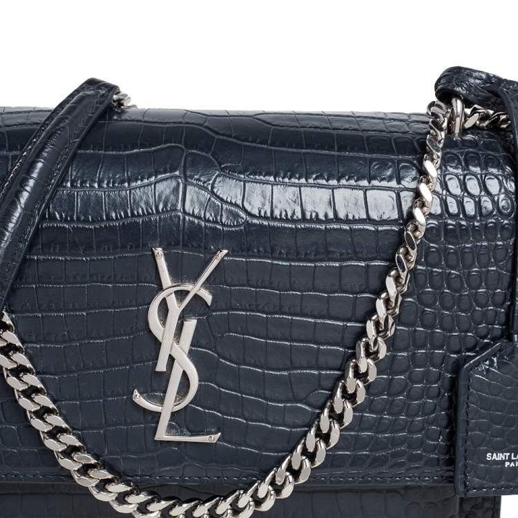 Pre Owned Saint Laurent Dark Grey Croc Embossed Leather Medium Sunset Shoulder Bag