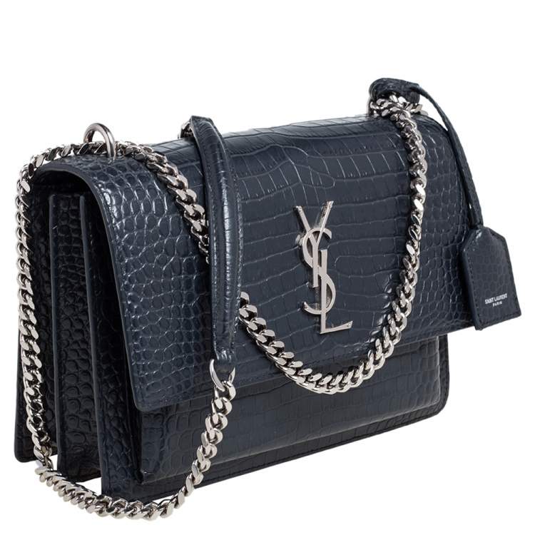 Pre Owned Saint Laurent Dark Grey Croc Embossed Leather Medium Sunset Shoulder Bag