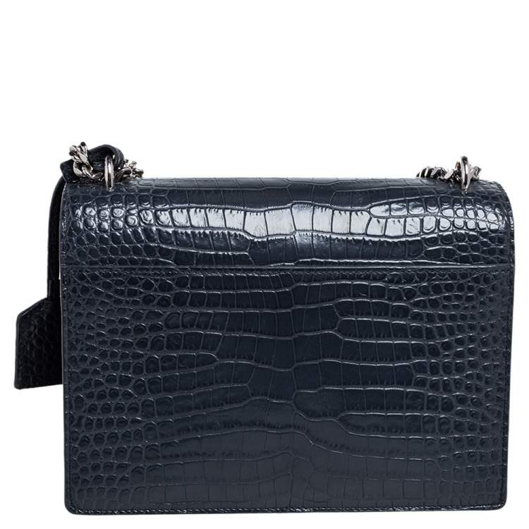 Pre Owned Saint Laurent Dark Grey Croc Embossed Leather Medium Sunset Shoulder Bag