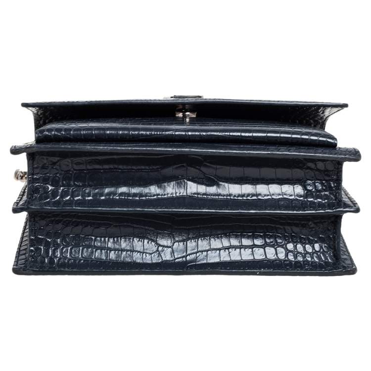 Pre Owned Saint Laurent Dark Grey Croc Embossed Leather Medium Sunset Shoulder Bag