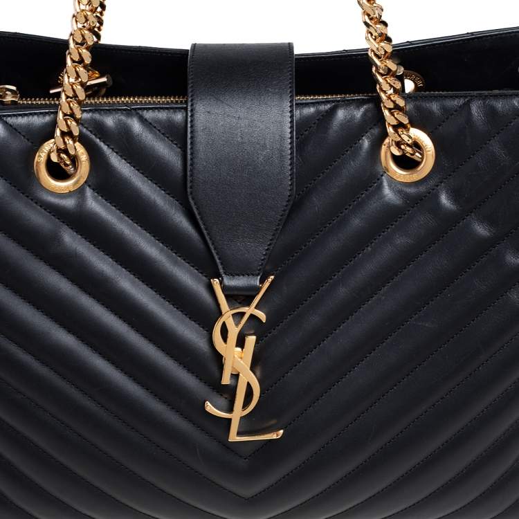Pre Owned Saint Laurent Black Matelassé Leather Monogram Shopper Tote