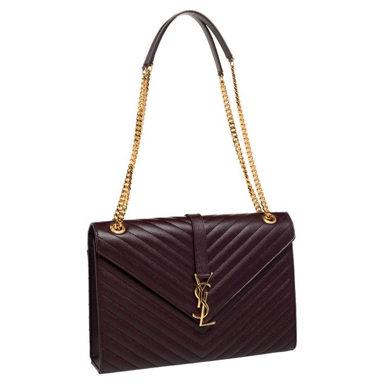 Pre Owned Saint Laurent Burgundy Chevron Quilted Leather Monogram Envelope Shoulder Bag