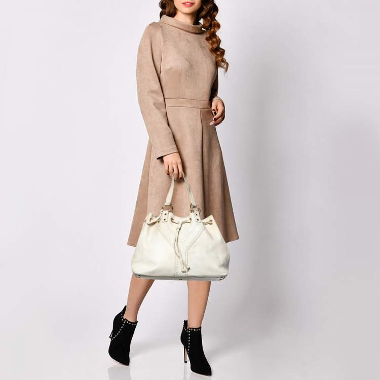 Pre Owned Saint Laurent Cream Leather Double Sac Y Tote