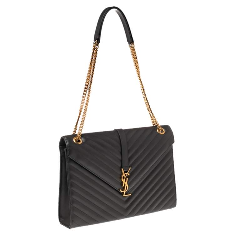 Pre Owned Saint Laurent Dark Grey Matelassé Leather Monogram Envelope Shoulder Bag