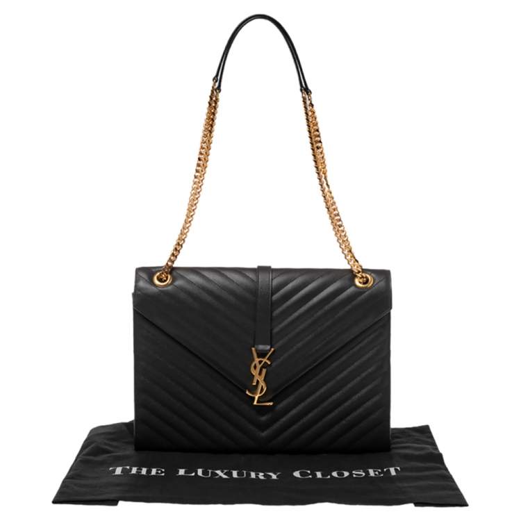 Pre Owned Saint Laurent Dark Grey Matelassé Leather Monogram Envelope Shoulder Bag
