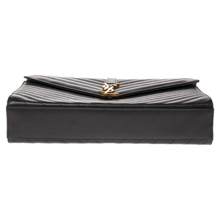Pre Owned Saint Laurent Dark Grey Matelassé Leather Monogram Envelope Shoulder Bag